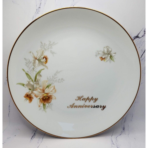 Wedding Anniversary White With Gold Floral Design Vintage 8 Inch Plate - Picture 1 of 4